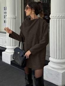 Women's Autumn/Winter Fashion Simple Solid Color Lapel Patchwork Pocket Woolen Coat, Belt Not Included - Coffee Brown - View 2