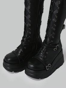 DareSee 女士过膝弹力靴 厚底坡跟系带过膝长靴 机车哥特朋克高跟靴 黑色女靴 圣诞礼物