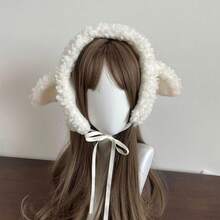 [Playful Anime Winter Hat] Cozy Anime-Themed White Plush Winter Hat With Fluffy Ears And Ribbon Detail | Soft Texture, Hand Wash Only, Perfect For Outdoor Play, Outdoor Winter Accessory - Mũ tai cừu - Xem 2