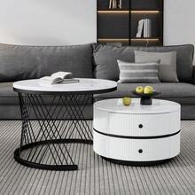 Elegant Set Of 2 White Coffee Tables, 60*60*46cm And 50*50*31cm, Round Tables With High Gloss Dermol Look, 2 Drawers, Load Capacity Up To 30kg, Combination Of Nestable Coffee Tables. - White + MDF - View 7