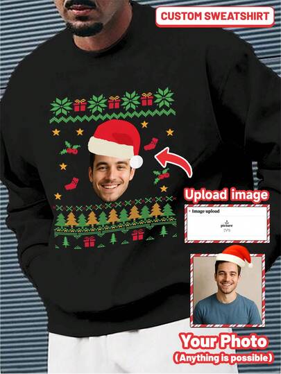 Personalized Custom Photo Christmas Hat Sweatshirt For Plus Size Men - Personalized Design, Christmas Gift For Friends And Family, Long Sleeve Top