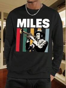 Men's Stylish Sweatshirt With Trumpet Player Graphic Comfortable Crew Neck Pullover With A Retro Jazz Music Design,Perfect For Casual Wear Winter Cotton Thermal Hoodie - 黑色 - 查看 1