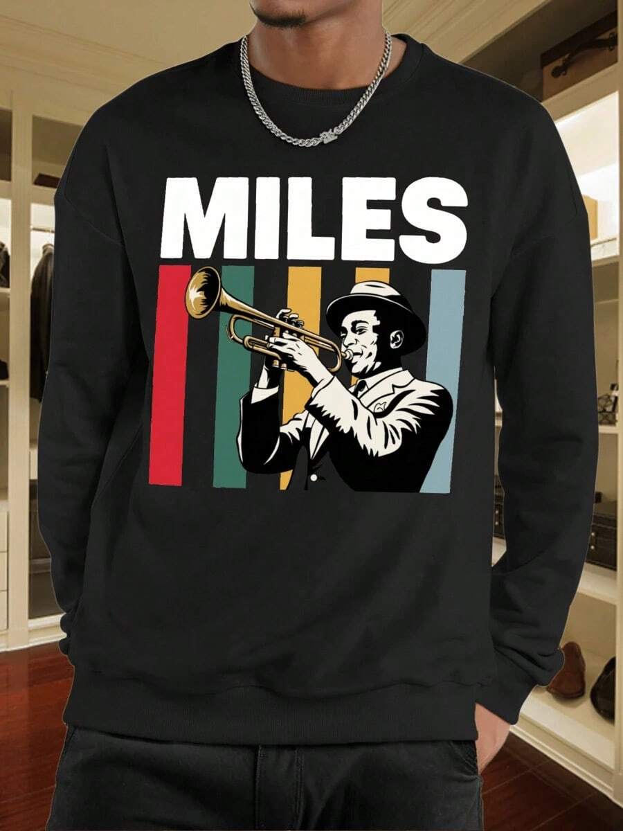 Men's Stylish Sweatshirt With Trumpet Player Graphic Comfortable Crew Neck Pullover With A Retro Jazz Music Design,Perfect For Casual Wear Winter Cotton Thermal Hoodie - 黑色 - 查看 1
