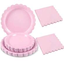 粉色纸盘和餐巾，浅粉色派对用品套装包括蓝色扇形盘子纸餐巾，适用于生日、婚礼、新娘送礼会 - 彩色 - 查看 4