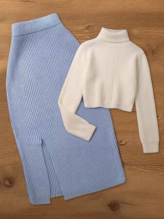 Conjunto de suéter y falda de punto acanalado de unicolor vintage elegante y romántico minimalista casual para mujer, adecuado para la playa, la escuela, la oficina, el uso diario, las citas, otoño/invierno. Suéter de cuello alto de manga larga.