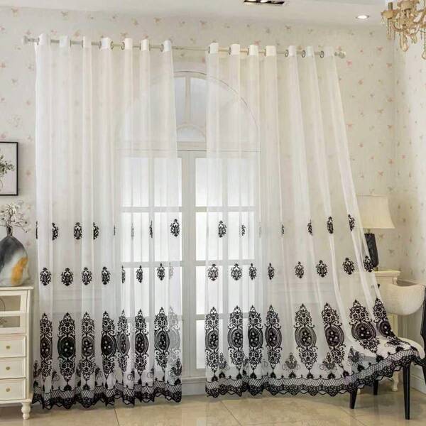 1pc European Retro Sheer Curtain With Beaded Embroidery, Dust-Proof Decorative Window Curtain