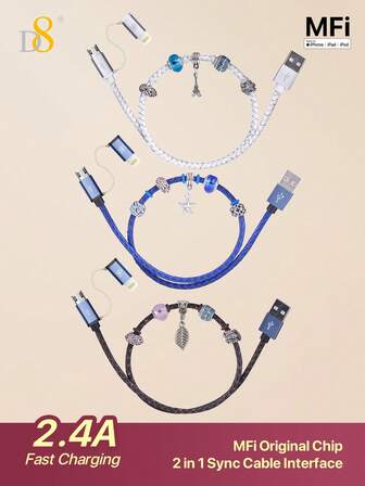 D8 DIY สายชาร์จข้อมูลที่ได้รับอนุญาต MFi แบบลูกปัดแฮนด์เมด Apple MFi Certified 2 In 1 ที่ชาร์จโทรศัพท์ สาย Lightning และ Micro USB เป็น USB ที่เข้ากันได้กับ Phone 14 Pro/13 Mini/13/12/11 Pro MAX/XR/XS/8/7/Plus/6S/SE/IPad, สายดาต้า Android 2 In 1 สาย USB-A Lightning, หนัง + ลูกปัด USB 2.0 สายชาร์จ Lightning, 2.4A สายชาร์จ USB-A เป็น Lightning แบบชาร์จเร็ว สายชาร์จ Lightning ที่ดีที่สุด สายชาร์จที่ได้รับการรับรอง MFi