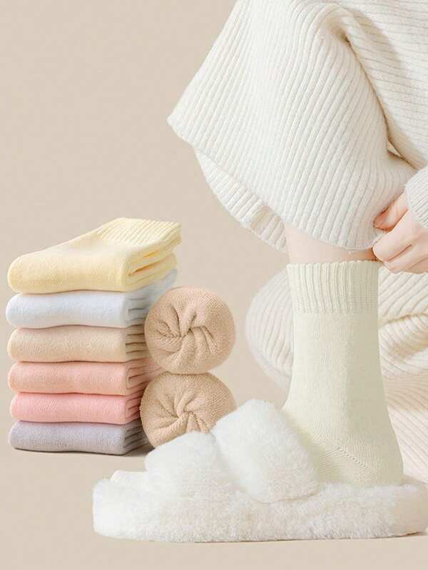 5 Pairs Thickened Thermal Lined Mid-Calf Autumn Winter Socks For Women Home Sleep Long Towel Socks Warm Cozy Soft Floor Socks