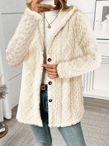 长款纯色钻石纹羊毛前扣开衫，日常穿着，秋冬