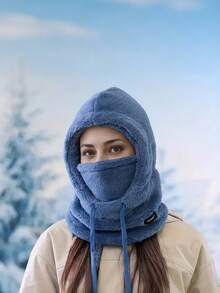 冬季保暖防寒面罩帽 - 弹性抽绳设计，轻便保暖，适合骑行、滑雪等户外运动，纯色连帽抓绒防风护耳，冬季耳颈保暖帽，带保暖内衬，滑雪面罩，涤纶针织全头颈保暖帽，男女通用，拉法帽 - 彩色 - 查看 7