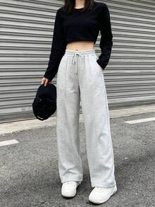 Women's Casual Everyday Commute Simple Solid Color Drawstring Waist Seam Front Loose Wide Leg Pants ,Petite Women - Grey - View 5