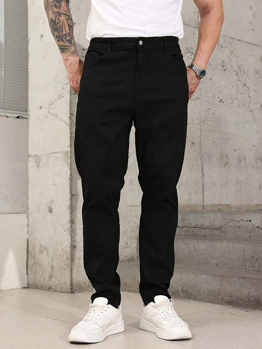 Nuevo 2025, pantalones vaqueros ajustados elásticos para hombres, jóvenes, negros, azules, azules claros, cintura media, tubos rectos, ocio diario, comodidad, adecuados para todas las estaciones - Negro - Ver 1