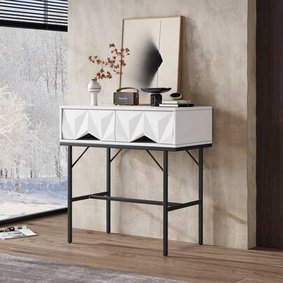 Modernt och elegant konsolbord, tredimensionell geometrisk ihålig låddesign, för entré och vardagsrum (vita + guldfärgade ben)