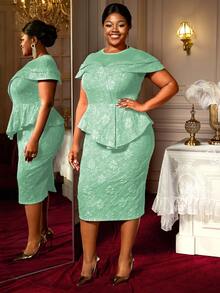 Đầm dạ hội ôm sát thanh lịch, chất liệu jacquard, phối lưới, peplum, che bụng, cỡ lớn, thích hợp cho Giáng sinh, đám cưới, mùa xuân. - màu xanh lá - Xem 6