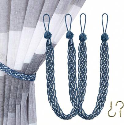 - Lazos de cortina de cuerda tejidos a mano para cortinas, paquete de 2 soportes de cuerda con ganchos, poliéster de 23 pus de largo y alzapaños trenzados para cortinas gruesas y,25592928
