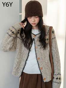 [Y6Y] 女士提花针织开衫毛衣，圆领长袖，麻花条纹，几何图案外套，日常穿着舒适 - 灰色 - 查看 5