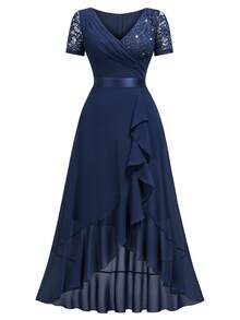 V-Neck Sequin Lace Contrast Chiffon Ruffle Trim Hem Elegant Evening Party Swing Dress - Navy Blue - View 7