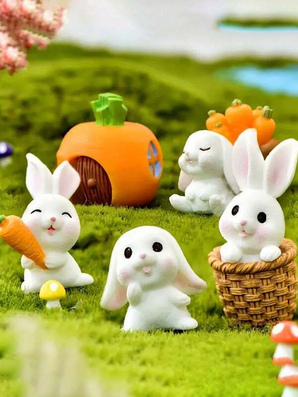 Mini 7-Piece White Rabbit Table Decoration-Perfect Easter And Party Decoration, Without Power Supply Cartoon Animals Cute Rabbit Gardening Fleshy Accessories Carrot Cute Rabbit Micro-Landscape Resin Ornaments.