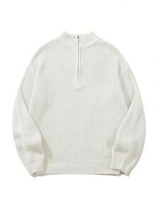 Women's Simple Ribbed Solid Color Casual Korean Textured Commuter Loose Versatile Stand Collar Zipper Half-Placket Pullover Long Sleeve Sweater, Spring/Autumn/Winter White - White - View 6