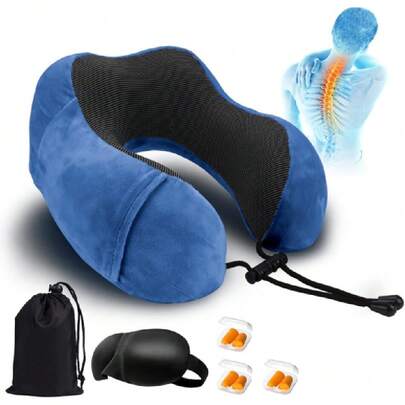 Almoh de Viaje, Almoh de Cuello, Almoh Cervical de Espuma con Memoria para Aviones, Coches, oficinas, con 3 Pares de Tapones para oídos, Máscara de Ojos y Bolsa con cordón,25471490