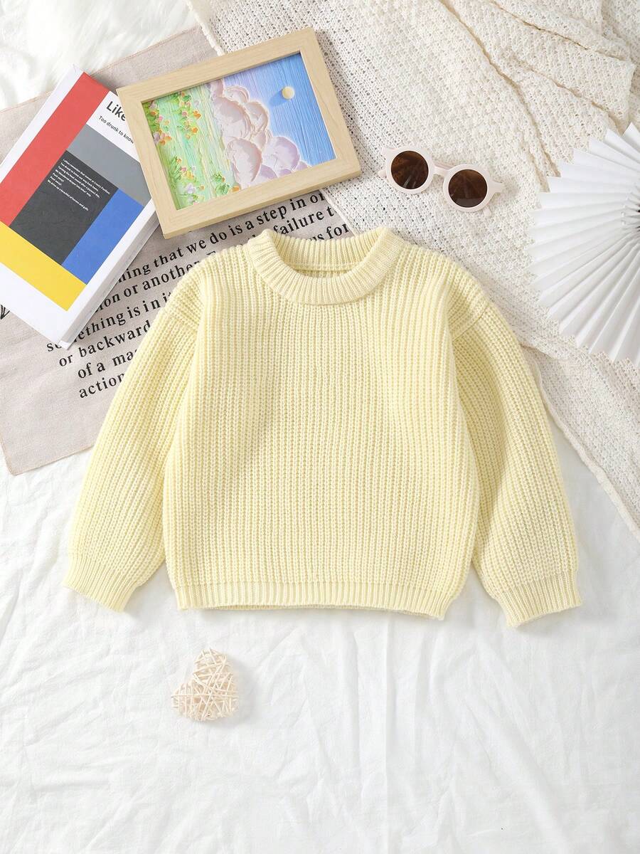 Unisex Baby Classic Solid Color Crew Neck Knit Sweater Top, Crew Neck Design, Solid Color Design, Solid Color More Suitable For Handmade Embroidery By Mothers, Add Some Elements Mothers Like, Suitable For Casual Wear Or Layering - Yellow - View 1