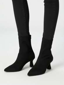 2025 Autumn/Winter New Brown High Heel Ankle Boots For Women, Versatile French Style Elastic Pointed Toe Slim Boots - Black - View 4