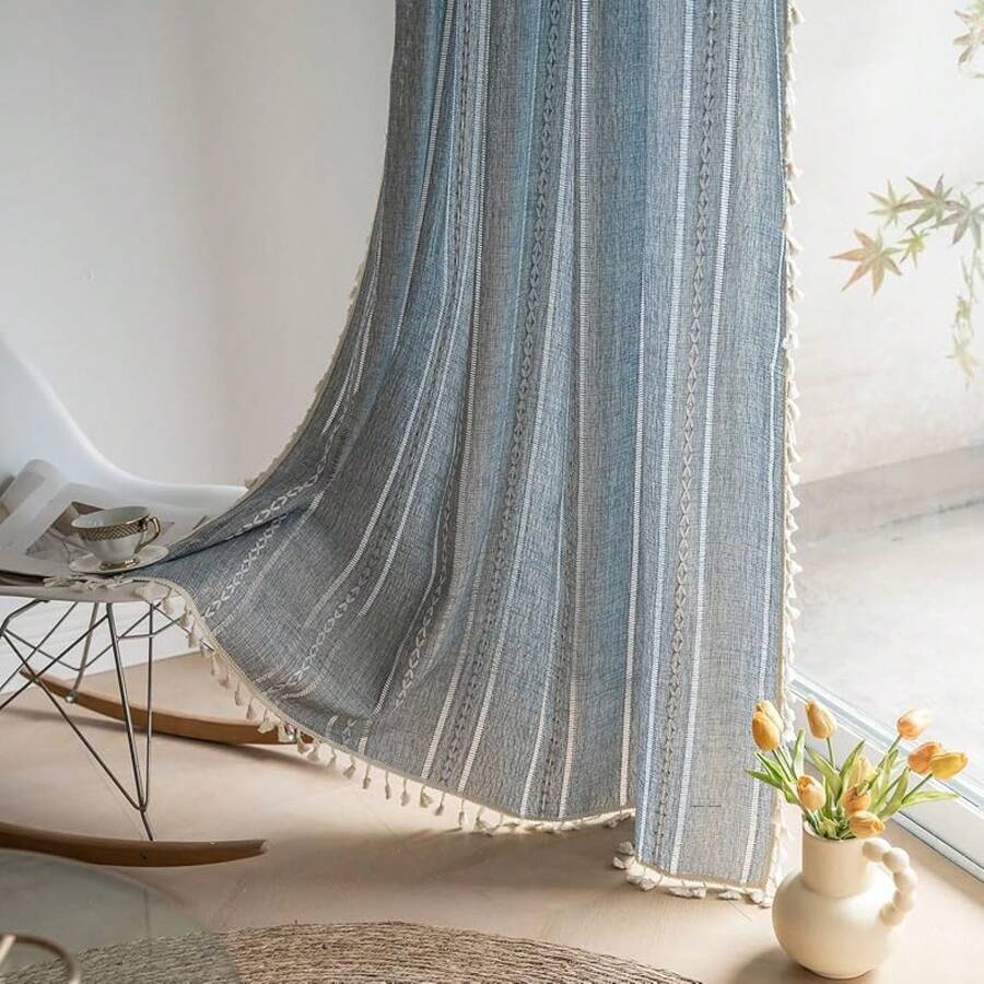 Boho Curtains 84 Inches Long Bedroom, Taupe Cotton Linen White Stripes Embroidery, Chic Hollow Geometric, Semi Blackout Window Vintage Drape With Tassels, 1 Panel W52 X L84, Fashionable Home Decor - 牛仔藍 - 查看 1