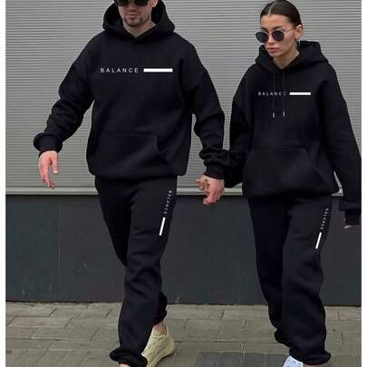 Brand Graphic Print~ Thermal Lined And Thickened Sports Casual Sweatshirt Set, Featuring A Hoodie With Drawstrings And Drawstring Pants, Perfect For Casual Sports, Street Activities, Workouts, Outdoor Jogging, And Everyday Home Wear~ Suitable For Men, And Can Also Be Styled As A Couple's Outfit.