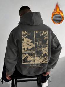 男士休闲百搭日式风景图案宽松口袋连帽衫，秋冬季长袖上衣 - 深灰色 - 查看 4