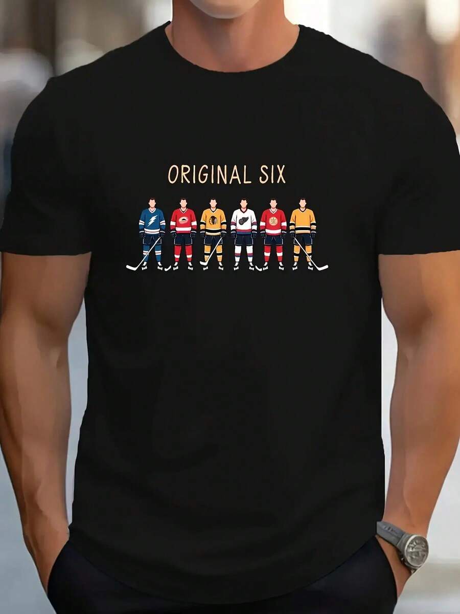 Men'S Original Six Hockey Players Graphic T-Shirt - Black Casual Short Sleeve Tee, Polyester, Machine Washable, Vintage Sports Design, Ideal For Daily Wear & Canadian Team Apparel, Hockey Jersey