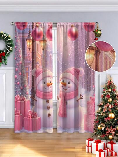 2pcs Christmas Theme Brushed Fabric Digital Print Curtains, Pink Christmas Snowman Pendant Atmosphere Christmas Curtains, Rod Pocket Installation, Semi-Sheer Polyester
