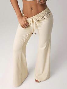 Women's White Knit Waistband With Beaded Drawstring Straight Loose Casual Resort Pants - 杏色 - 查看 2