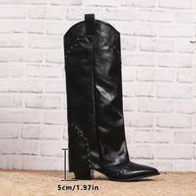 Autumn And Winter Women's Fashion Rivet Party One-Step Knee-High Pants Boots, Black Retro Thick Heel Pointed Western 5cm High Heel Boots, Rivet Design Suitable For All Kinds Of Festival Wear - 黑色 - 查看 6
