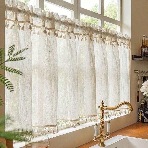 1pc New Curtain, Coffee-Colored, Japanese Linen Blend, Bohemian Style With 2 Decorative Tassel Trims, Suitable For Kitchen, Bathroom, Bedroom, Entryway, Room Divider, Living Room Window