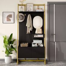 Modern Minimalist Compact Wardrobe, Open Multifunctional Storage Cabinet With Mirror, Metal Hooks, Clothes Rack With Shoe Bench, Closet, Shoe Storage, Clothes Rack. - 黑色+中密度纖維板 - 查看 10