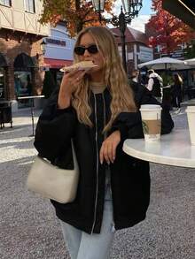 Women's Black Bomber Jacket Front Zip Pockets Long Sleeve Casual Warm Coat For Fall Winter - Black - View 5