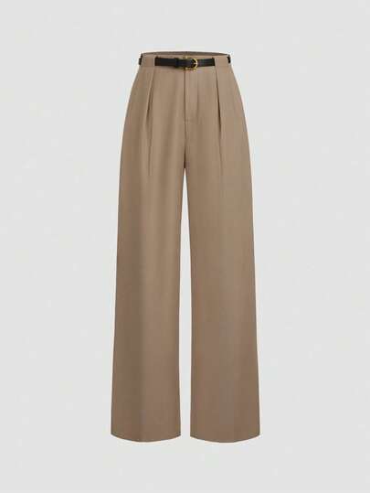 Mid-Waist Solid Color Elegant Straight Leg Pants With Belt