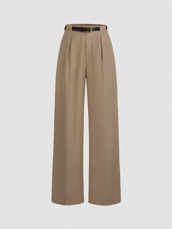 Mid-Waist Solid Color Elegant Straight Leg Pants With Belt