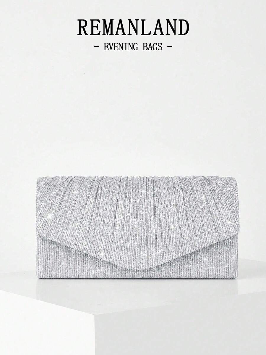REMANLAND 迷你亮片链条褶皱方形晚宴手拿包/手提包，完美搭配女士舞会礼服、舞厅配饰、亮片连衣裙、闪光连衣裙、优雅正式礼服、优雅舞厅钱包，也适合伴娘，适用于婚礼招待会、派对、婚礼、舞会、盛会和其他场合。 - 銀色 - 查看 1