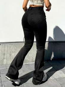 MYOURSA High-Waisted Flare Pants, Boot-Cut Silhouette, Elegant Casual Daily Wear, Suitable For Women - 黑色 - 查看 5