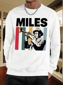Men's Stylish Sweatshirt With Trumpet Player Graphic Comfortable Crew Neck Pullover With A Retro Jazz Music Design,Perfect For Casual Wear Winter Cotton Thermal Hoodie - 白色 - 查看 7