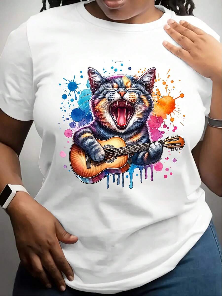 Women's Short Sleeve T-Shirt White Cat Playing Guitar Colorful Splash Print Casual Everyday Wear Music Lover Gift - trắng - Xem 1
