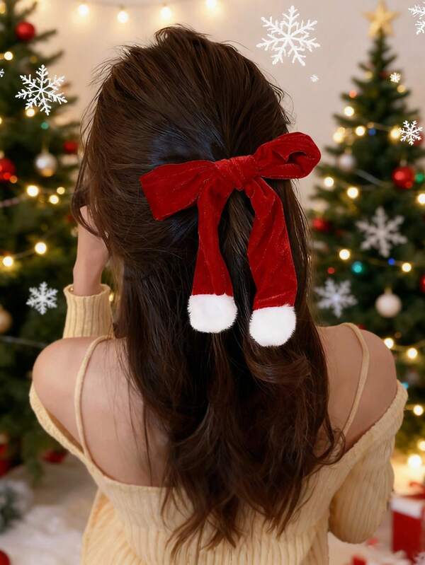 1pc Christmas Theme Bow Hair Clip, Cutet Long Tail Bow Hair Accessory, Suitable For Christmas Outfit, New Year Party, Winter Headwear
