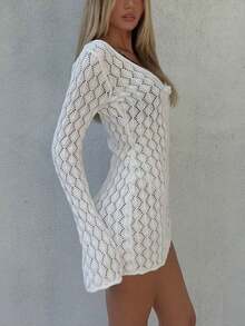 Women's V-Neck Sheer Mesh Hollow Out Tie-Knot Button Crochet Long Sleeve Cover Up, Sexy Solid Fitted Mini Knit Beach Bikini Dress, Spring/Autumn - White - View 7