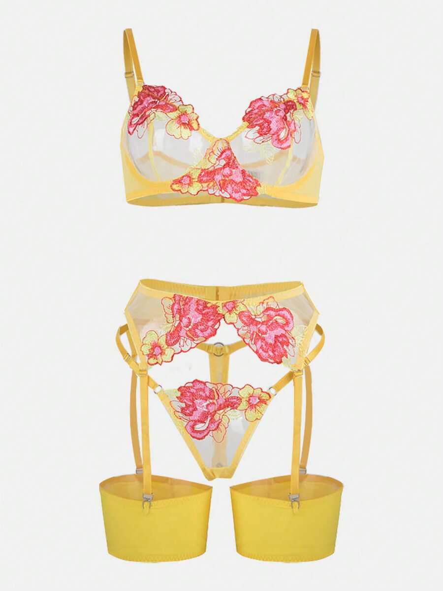 Embroidery Mesh Underwire Bra & Thong & Garter Lingerie Set - Yellow - View 1