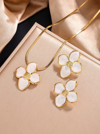 1 Set de joyería elegante de esmalte con flores para mujeres, collar y aretes con dije de margarita blanca con efecto de gota de aceite, conjunto de joyería floral elegante, adecuado para uso diario, vacaciones, citas, fiestas, joyería floral multifuncional