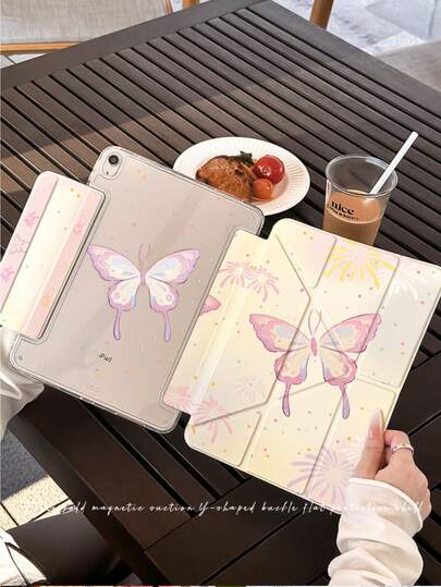 1 Piece, Beautiful Double-Sided Printed Fireworks Butterfly Pattern With Buckle Flat Protective Cover, 3+Y Multi Angle Folding Mirror Hard Protective Cover, Automatic Wake-Up/Sleep Function, Compatible With IPad Models: 10th/11th Generation IPad 2025/9th Generation IPad, Equipped With Pen Slot, Non-Magnetic Protective Cover, Suitable For Office And Study Scenarios