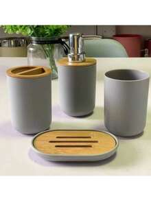 Bamboo Bathroom Kit 4 Pieces Wooden Plastic Lavatory Accessories Bamboo Set Luxury Soap Holder For Wood Sink - Xám - 4 miếng - Xem 4