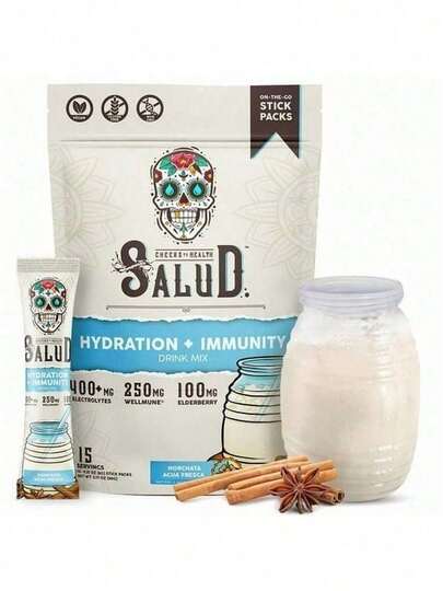 Horchata-Jamaica Agua Fresca Hydration Packets: Salud 2-In-1 Immunity, Elderberry, 1g Sugar, 15 Servings, Dairy/Soy Free, Vegan​