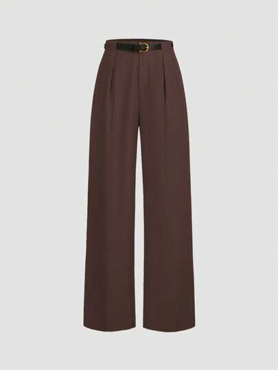 מכנסיים ישרים אלגנטיים בצבע אחיד עד מותן בינוני עם חגורה